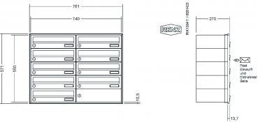 RENZ Briefkastenanlage Unterputz, Schattenfugenrahmen, Kastenformat 370x110x270mm, 9-teilig,